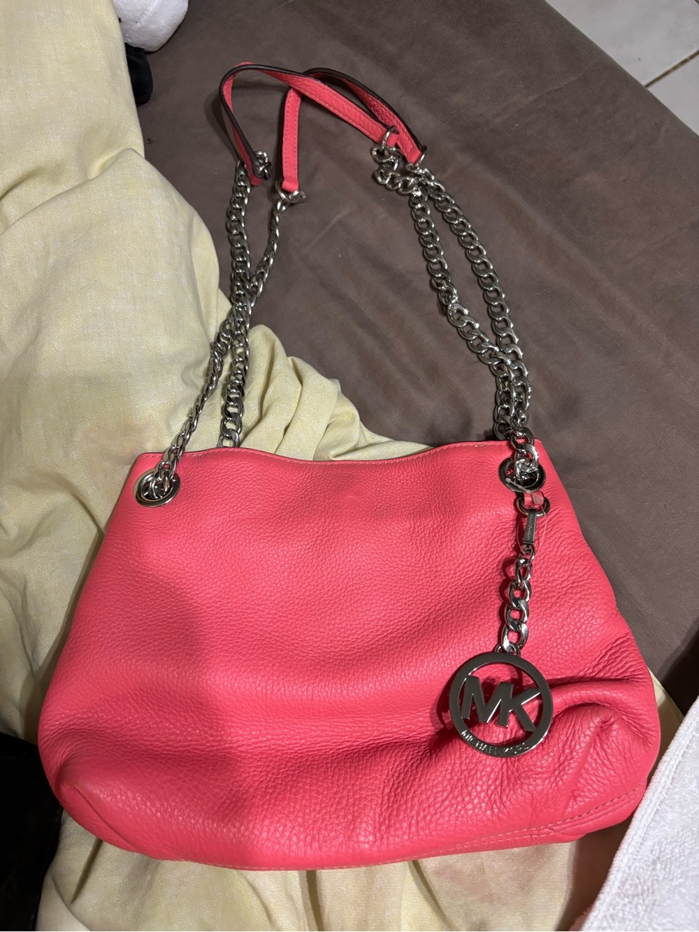 Michael Kors Coral Pink Leather Shoulder Bag with Silver Chain